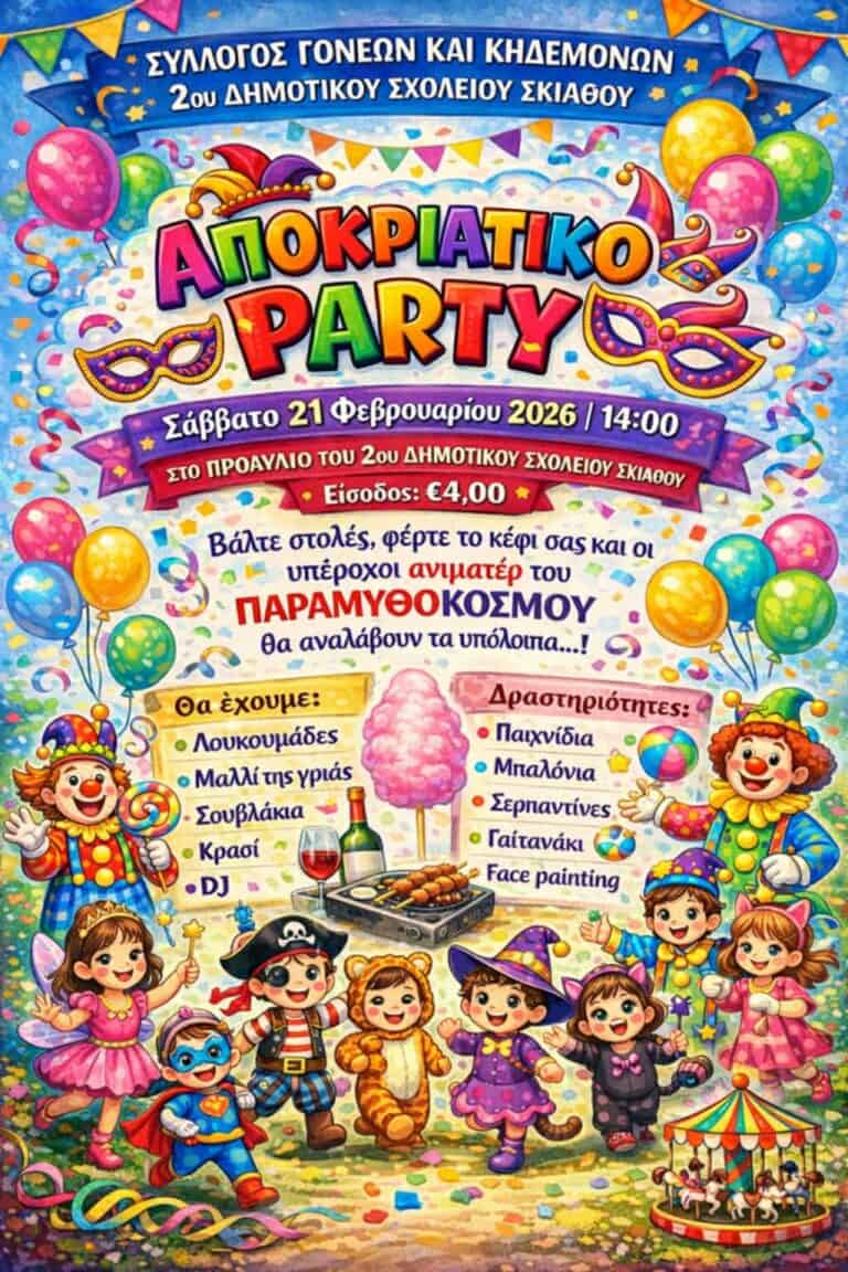 Αποκριάτικο Πάρτι με κέφι και χαμόγελα από τον Σύλλογο Γονέων του 2ο Δημοτικό Σχολείο Σκιάθου