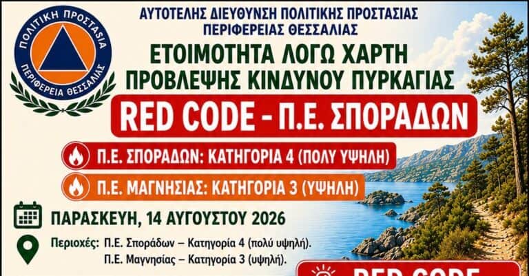 Σε κόκκινο συναγερμό για πυρκαγιά σήμερα οι Σποράδες- Υψηλός κίνδυνος και στη χερσαία Μαγνησία