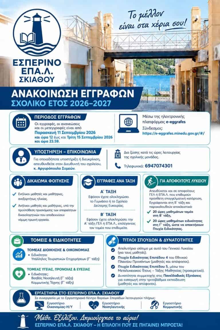 Εκπρόθεσμες Ηλεκτρονικές Αιτήσεις εγγραφής-ανανέωσης εγγραφής και μετεγγραφής για το σχολικό έτος 2026-2027